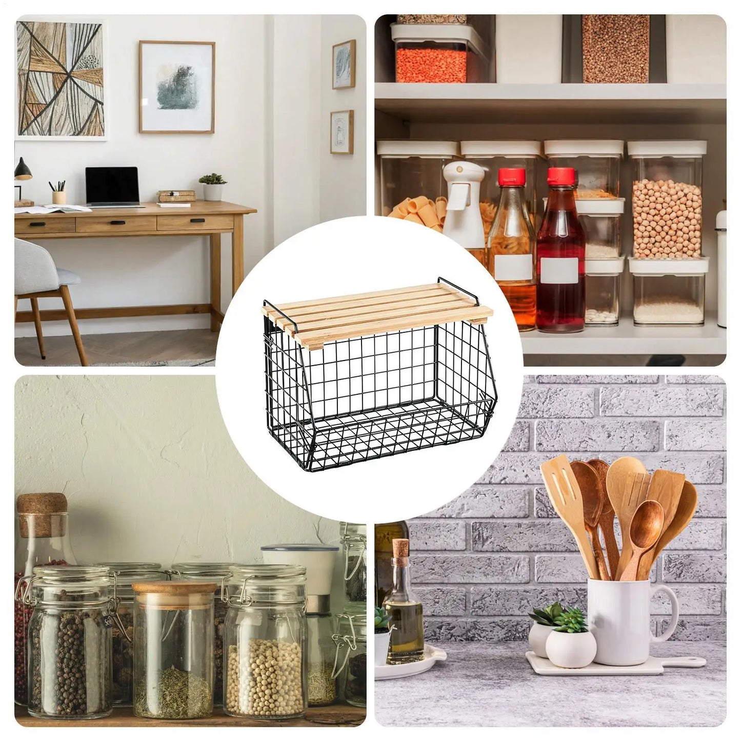 Stackable Wall-Mounted Wire Basket with Wood Lid | Kitchen Organizer Wire Storage Basket Peaceful Pleasures Health and Wellness