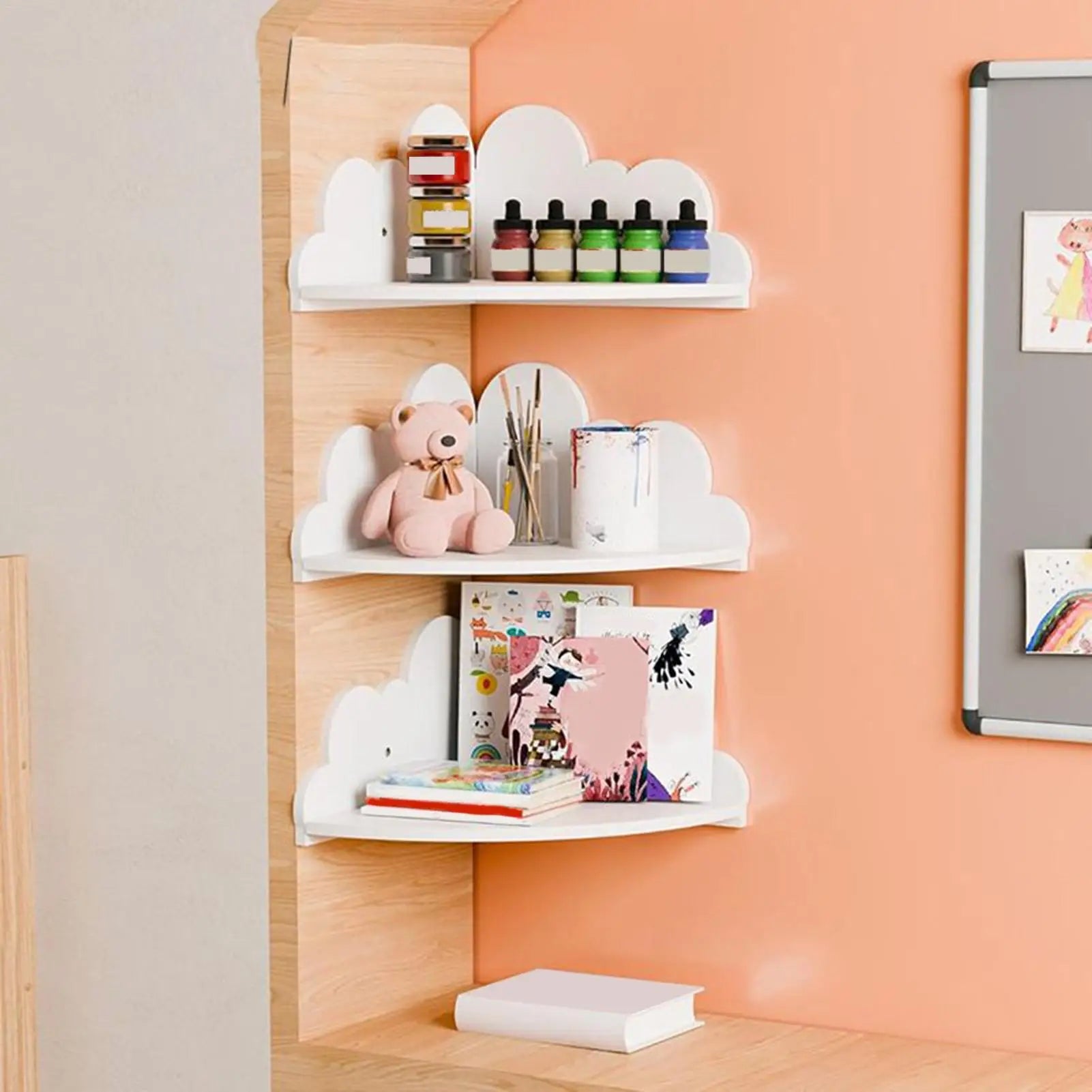 3-Piece Wooden Corner Display Shelf, Cloud Wall Bookshelf for Home Decor, Bedroom, Office, Kids Room - Space Saving Rack Peaceful Pleasures Health and Wellness