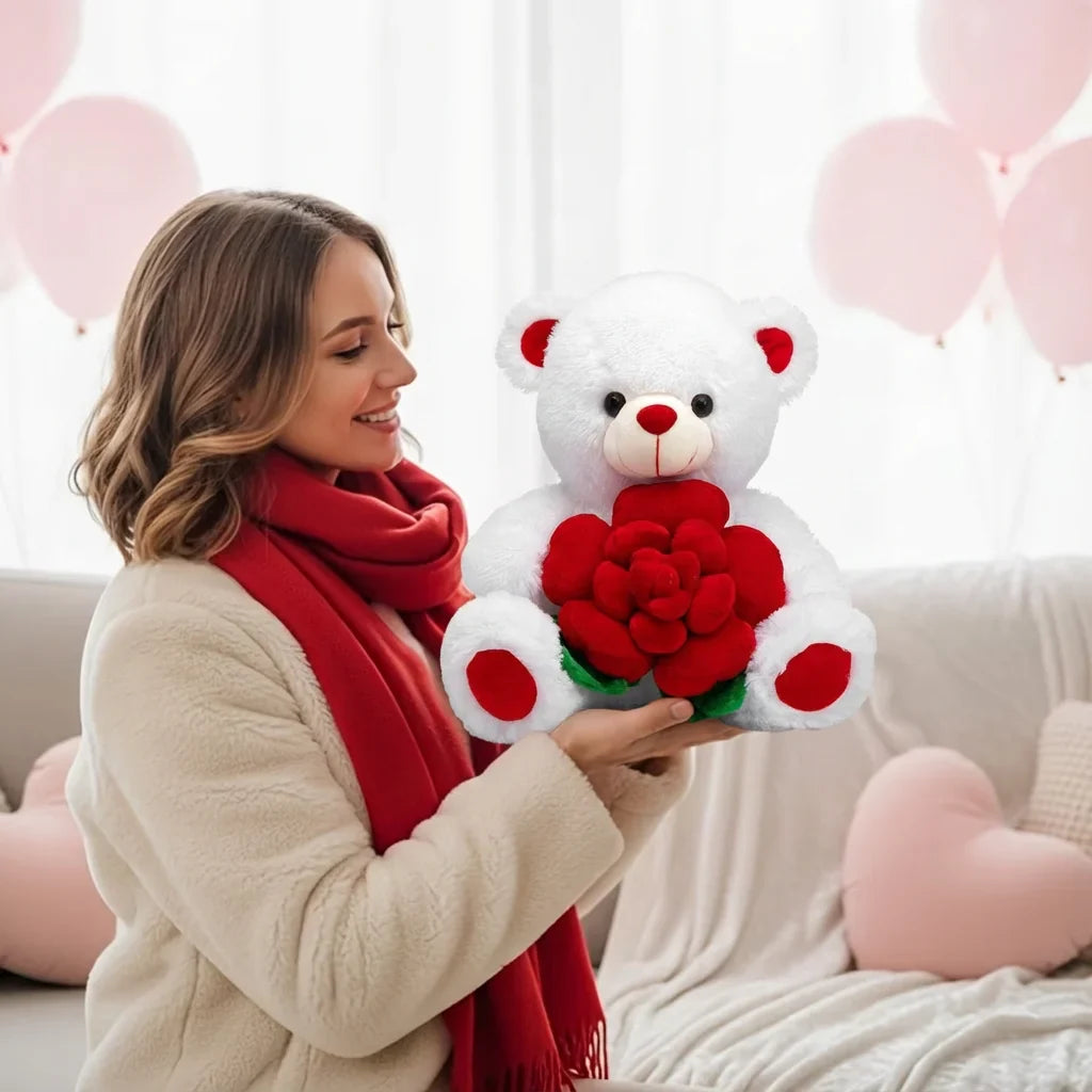 Bear Holding Rose Plush Toy – Romantic Stuffed Animal Gift