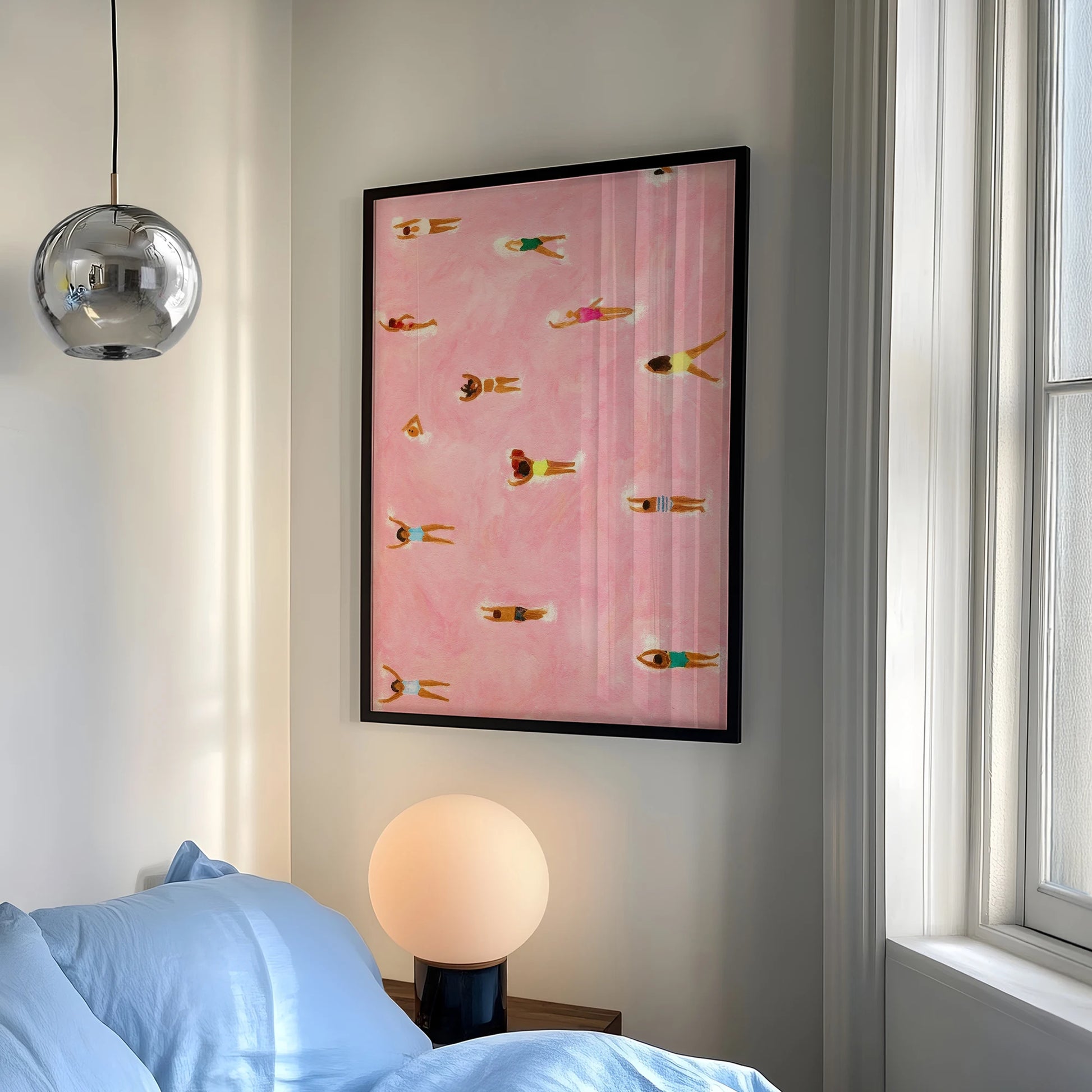 Minimalist Tiny Swimmers At Pool Pink Beach Wall Art Print Canvas Painting Poster Picture For Living Room,Bedroom Home Decor Peaceful Pleasures Health and Wellness