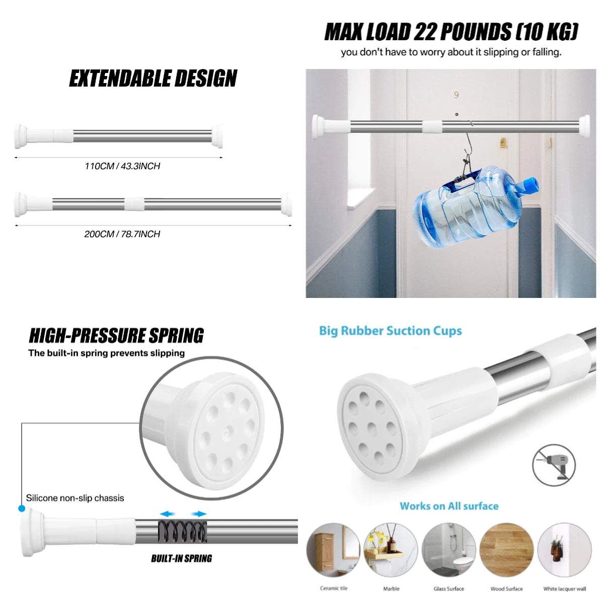 No-Drill Tension Shower Curtain Rod | Adjustable Steel Pole