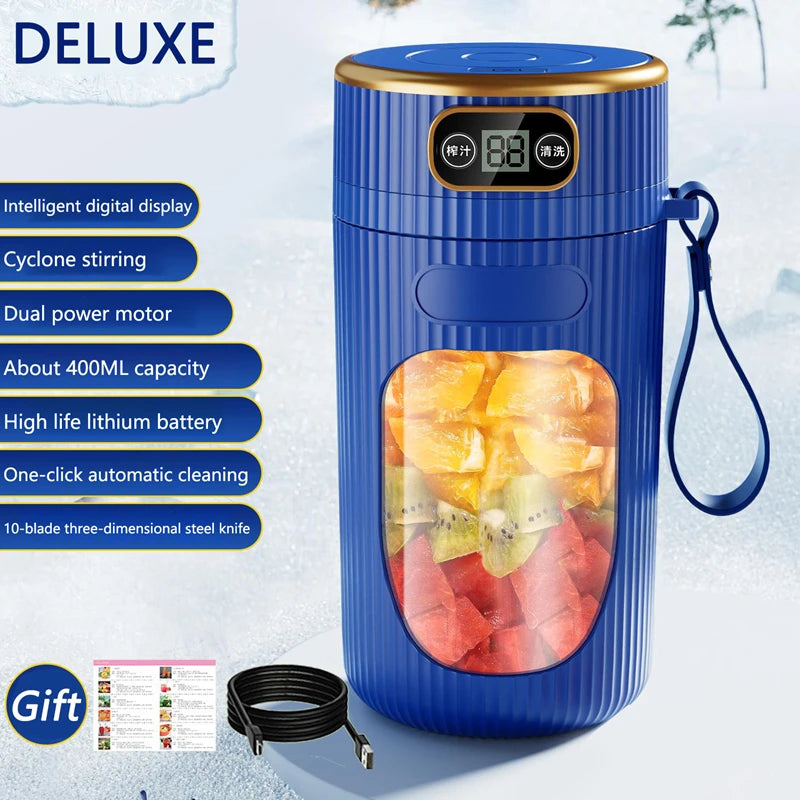 Electric Juicer 10 Blades Portable Blender LED Digital Display Small Juice Cup Rechargeable Wireless Household Milkshake Juice Peaceful Pleasures Health and Wellness Blue Single Machine