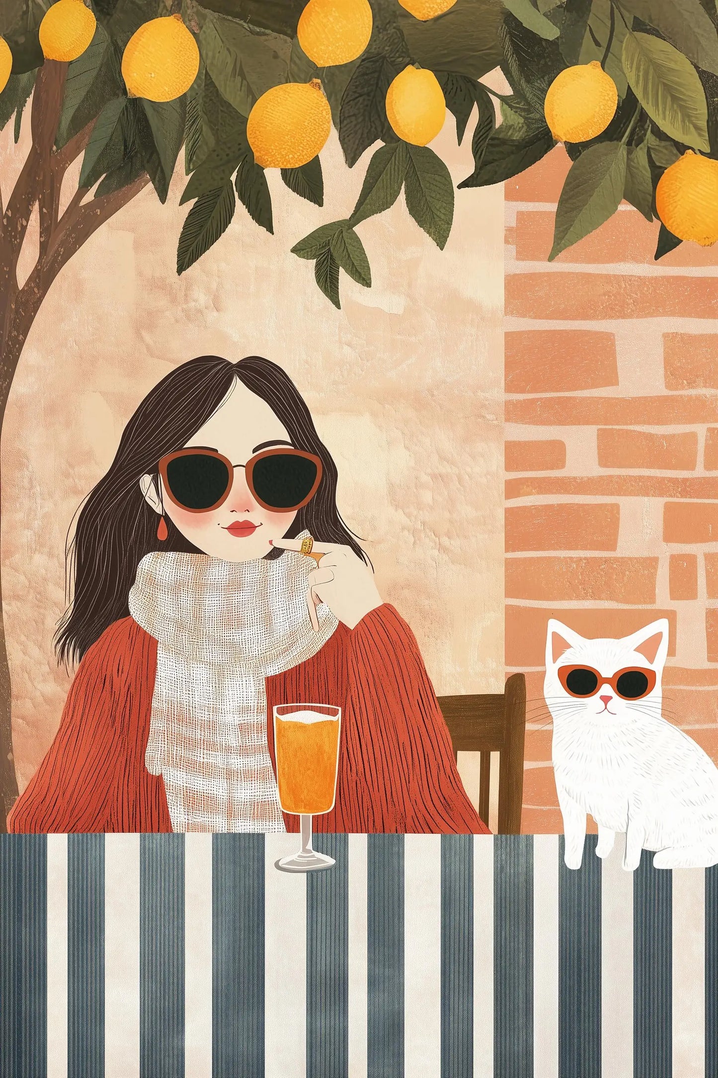 Italian Summer Woman Aperol & Lemon Tree Watercolor Canvas Art
