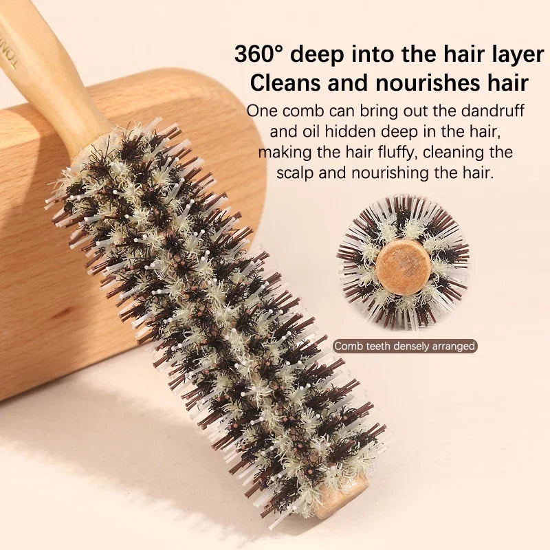 Styling Hairdressing Tool Hair Brush for Blow Drying and Curling All Hair Types Wooden Round Boar Bristle Salon Styling Tool Peaceful Pleasures Health and Wellness