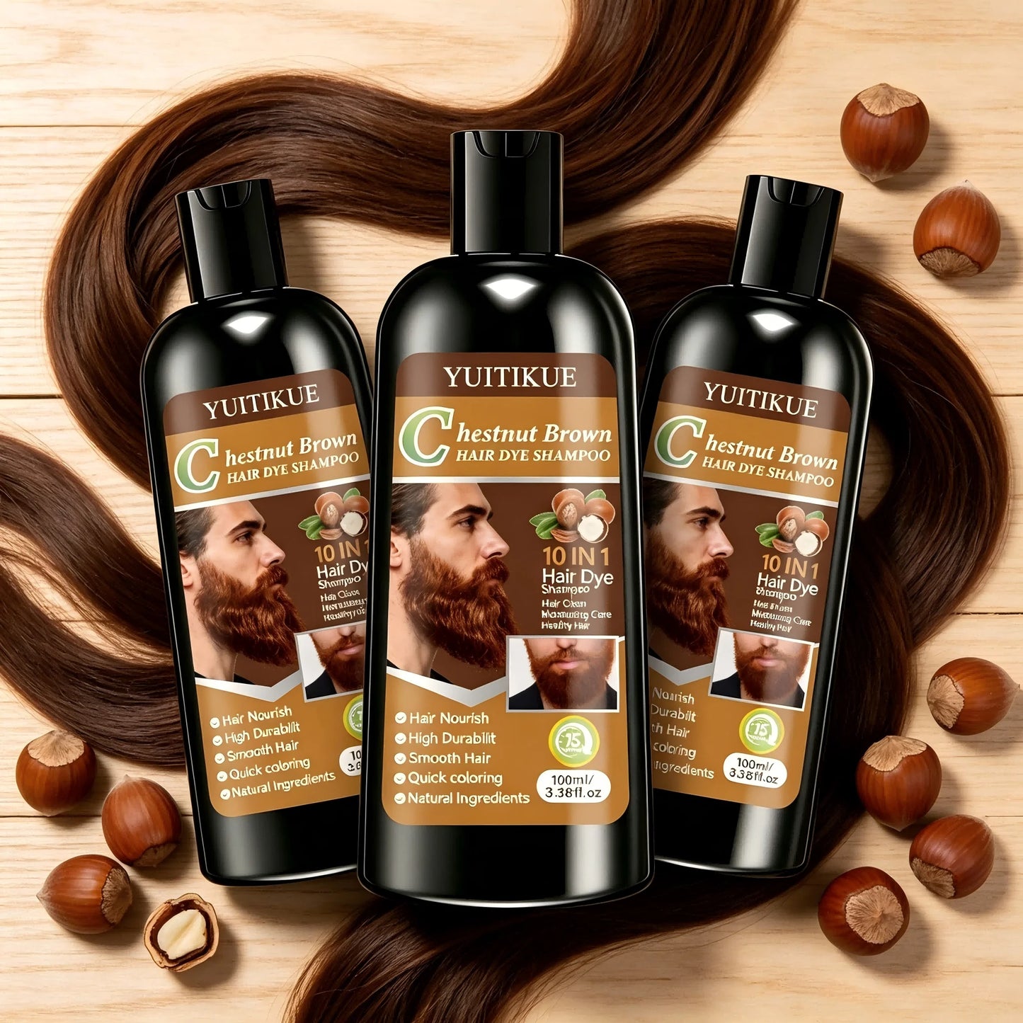 YUITIKUE Chestnut Brown Hair Dye Shampoo 100ml 10-in-1 Natural Ingredients Quick Coloring Nourishing Hair Care Peaceful Pleasures Health and Wellness 3pc