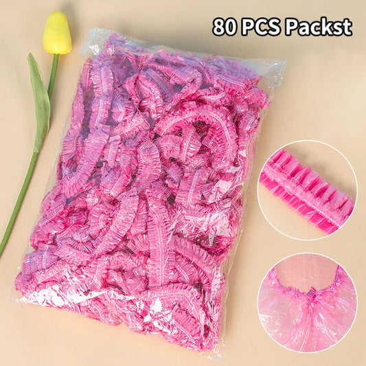 80pcs Shower Cap Head Cover Elastic Plastic Thickened Pink Round Cover Food Kitchen Bathroom Accessories Food Preservation Bag Peaceful Pleasures Health and Wellness