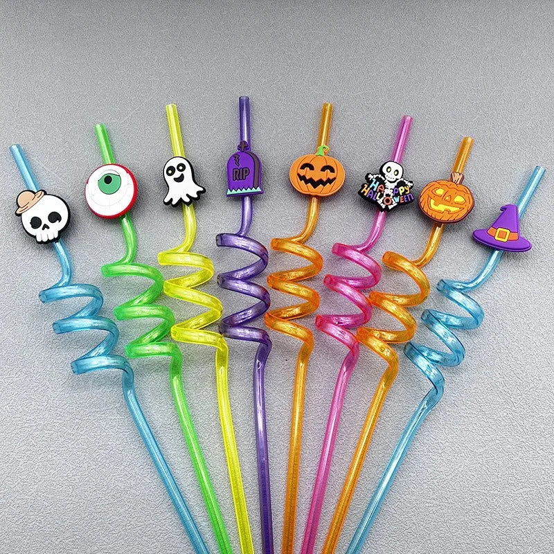 8pcs Halloween Straw Reusable Pumpkin Spiral Plastic Straw Kids Baby Birthday Party Decorations Supplies Drinking Straws Peaceful Pleasures Health and Wellness