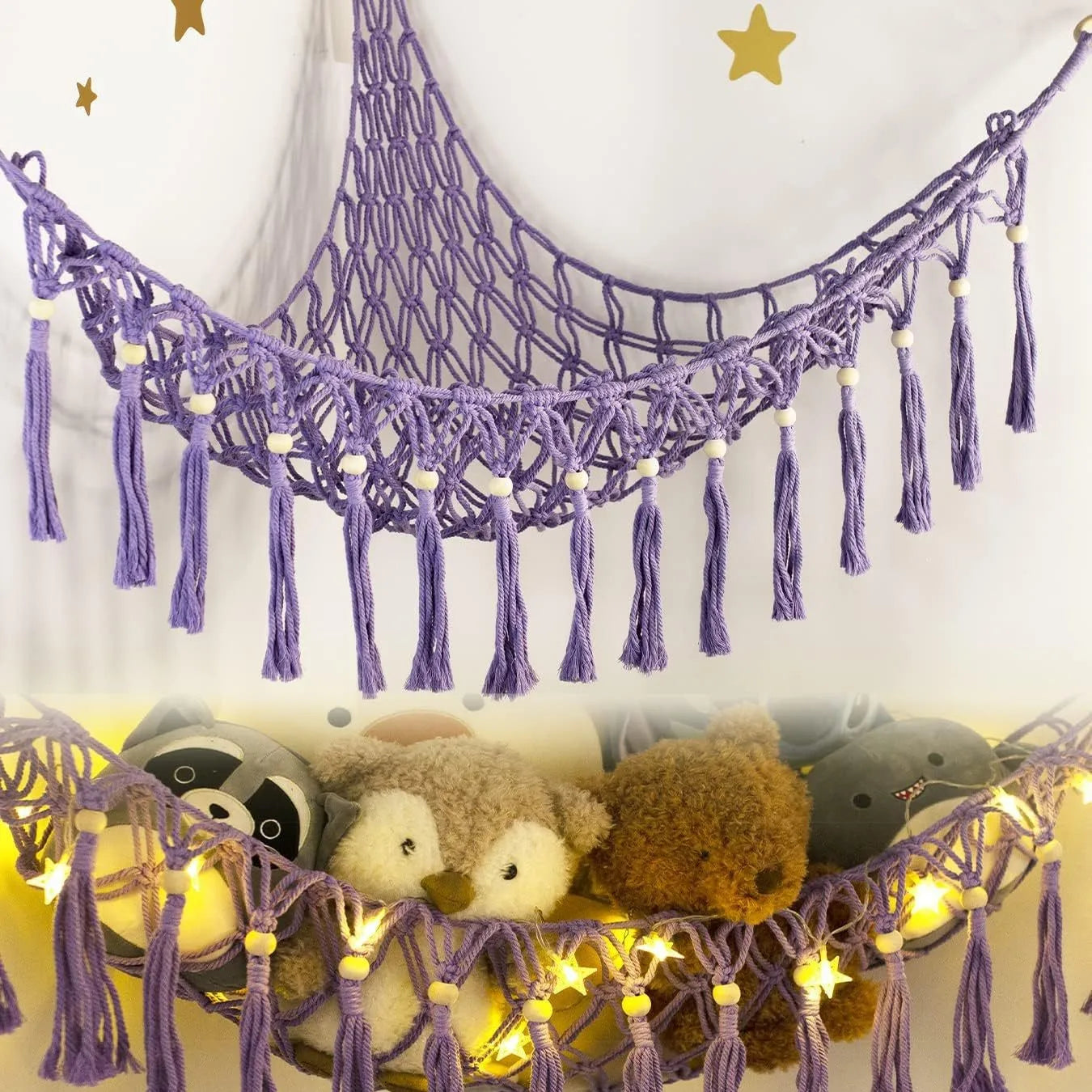 Corner Mounted Toy Storage Net Handwoven Cotton String Triangle Pouch Plush Doll Hammock Kids Room Organizer Peaceful Pleasures Health and Wellness Purple 100x100x120