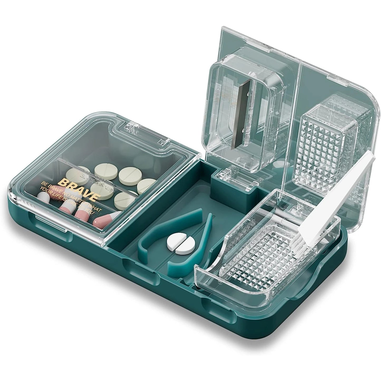 3-in-1 Pill Cutter Splitter Pill Box Portable Pretty Pill Crusher for Purse Pocket Travel Cuts Vitamins Tablets Pill Organizer Peaceful Pleasures Health and Wellness Brave Green