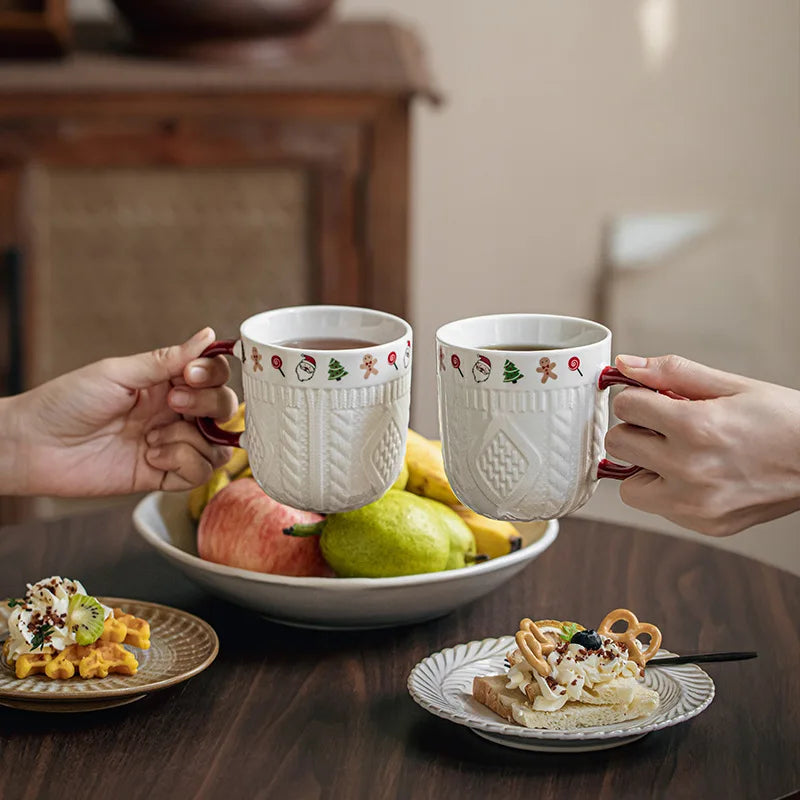 2Pcs/Set 12oz Ceramic Espresso Cups Porcelain Coffee Mugs Set for Tea Latte Cafe Mocha Couple Cozy Sweater Cups Christmas Gift Peaceful Pleasures Health and Wellness