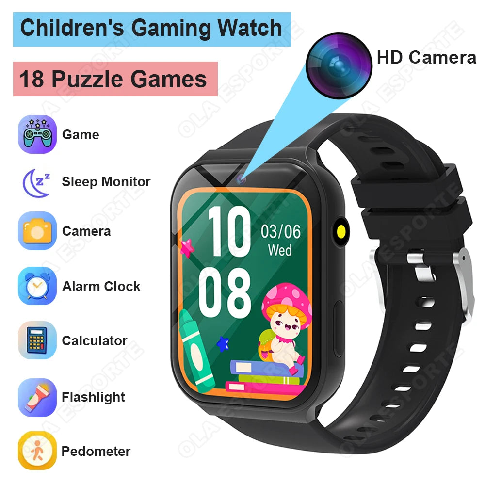 New Smartwatch For Kids HD Camera Flashlight Study Partners Multi Games Calculator Children's Day Birthday Gift Boys Girls HW12 Peaceful Pleasures Health and Wellness Black Game watch for kids