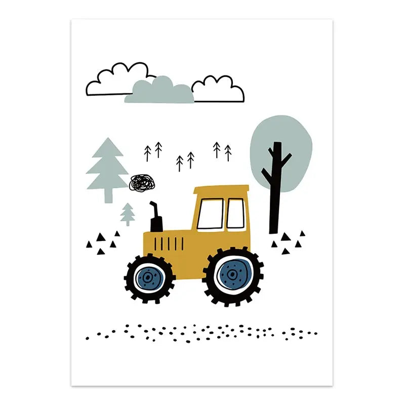 Cartoon Construction Vehicles Canvas Wall Art | Boys Nursery