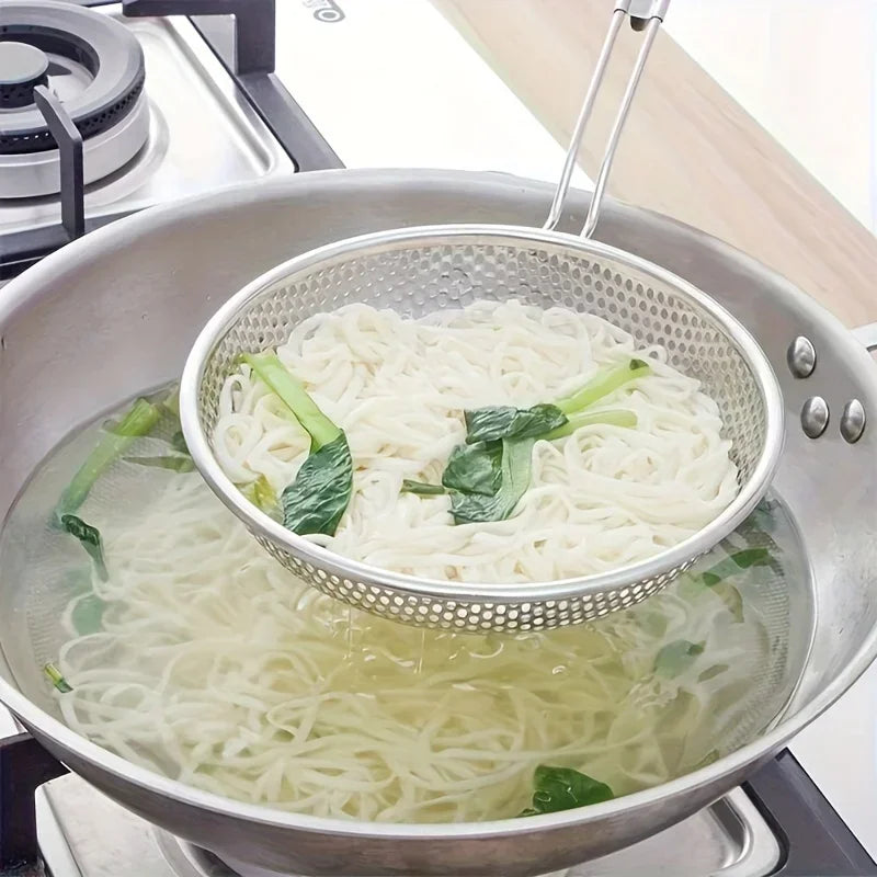 New Stainless Steel Colander with Wooden Handle Fine Mesh Skimmer Spoon for Cooking Food Prep Grease Filtering for Pasta Noodles Peaceful Pleasures Health and Wellness