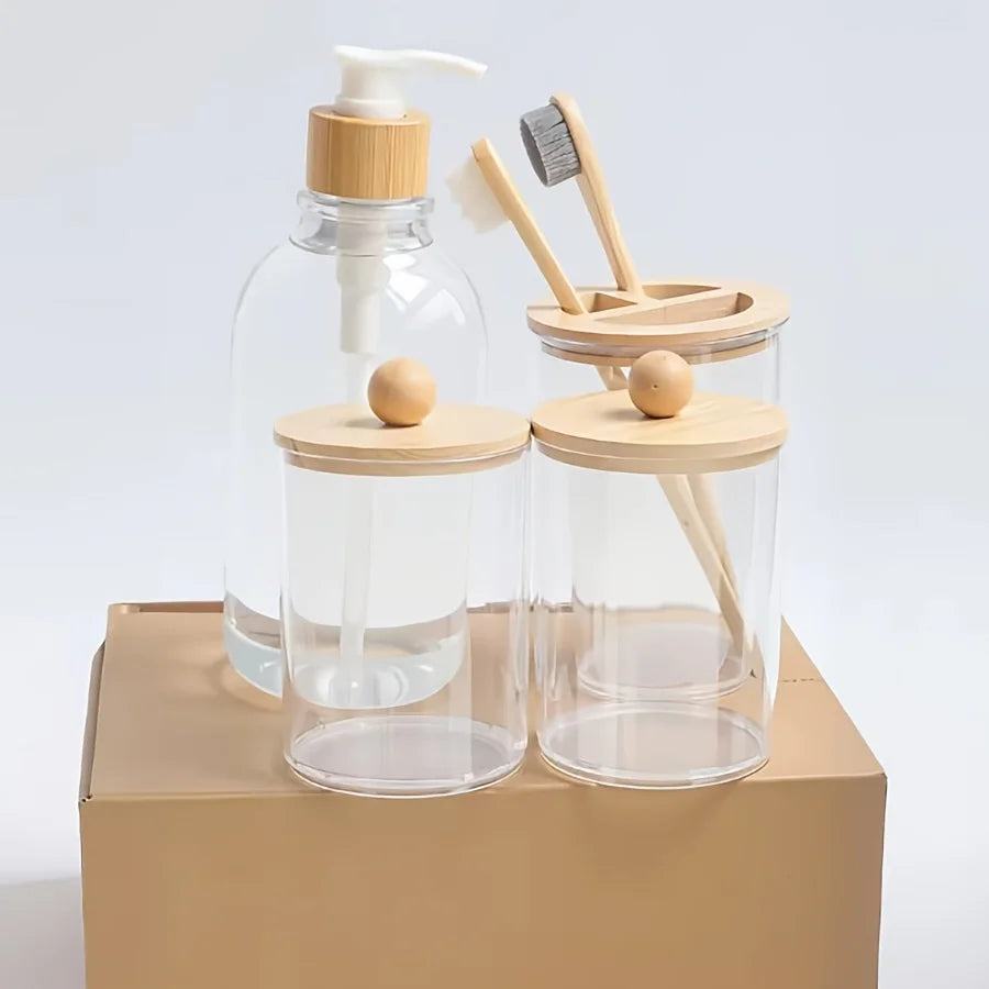 Boho Bathroom Accessories Set – 4 Piece Clear Canister, Soap Dispenser & Toothbrush Holder