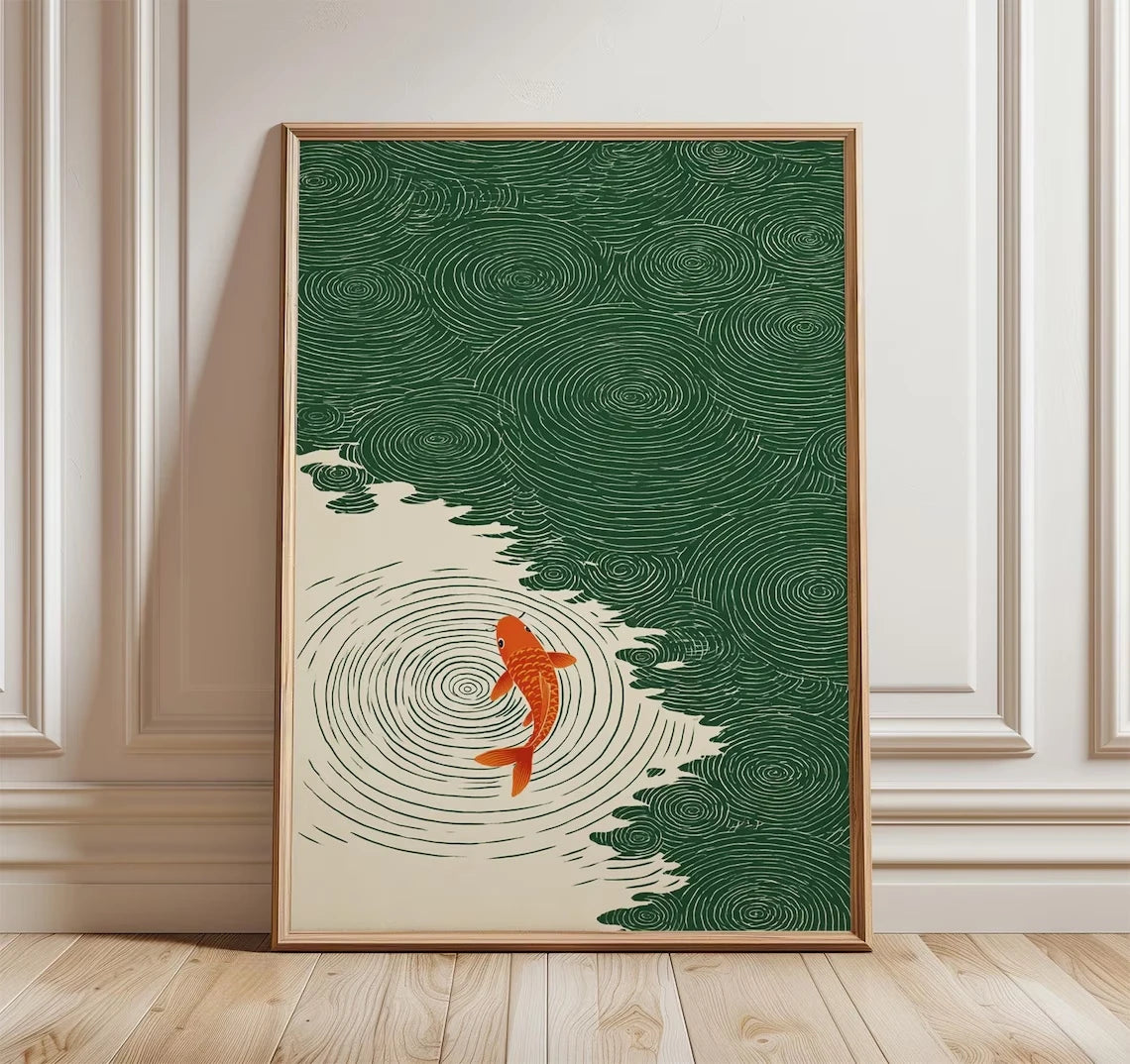 Retro Japanese Ripple Canvas Wall Art – Green & Orange Print
