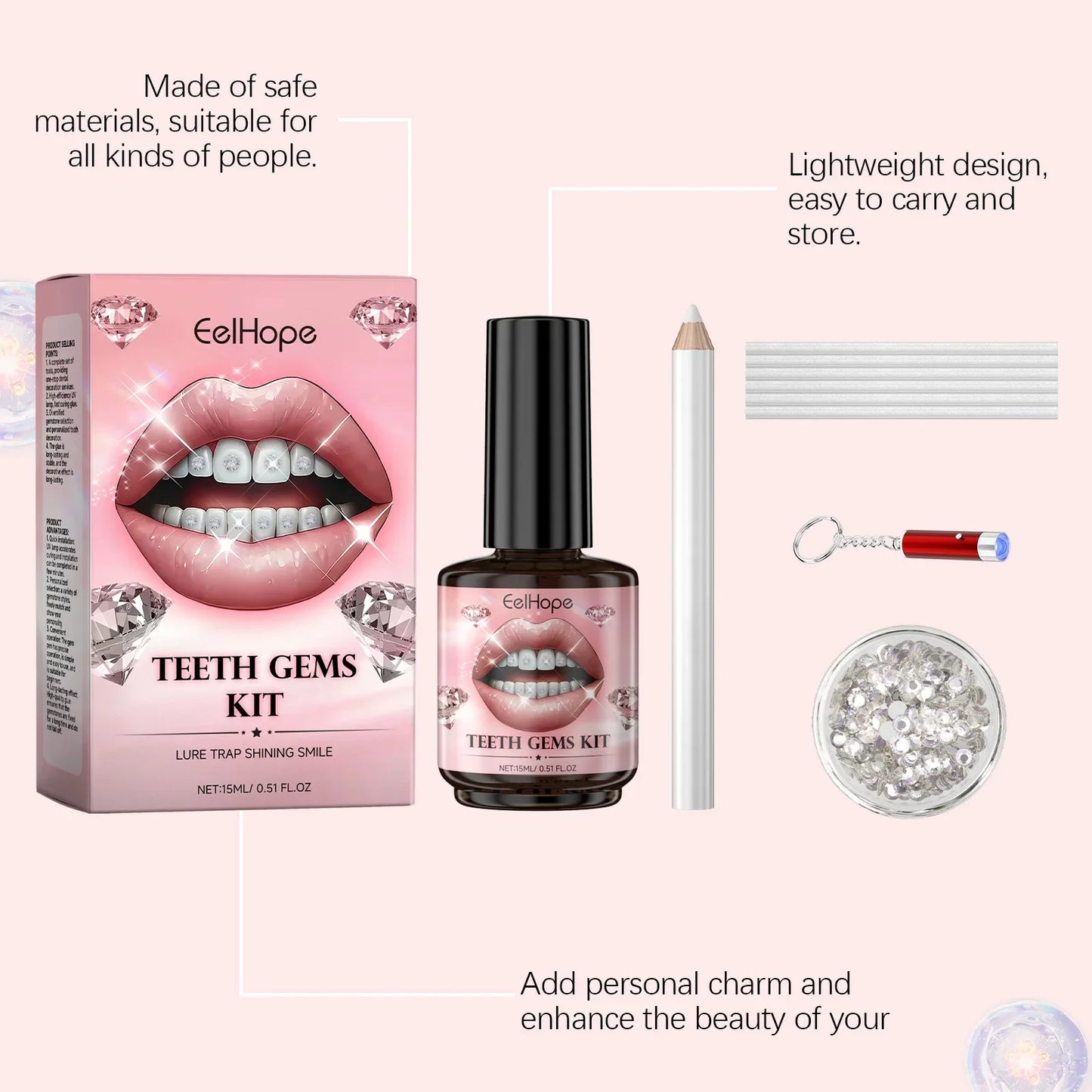 Teeth Gems DIY Kit – 100 Gems, UV Light & Dental Adhesive