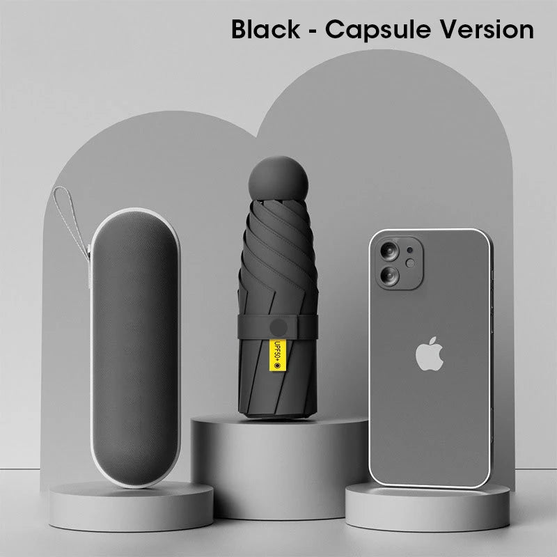 Mini Capsule Travel Umbrella Windproof Sun Rain Proof UV Protection Portable Compact Lightweight for Women Men Peaceful Pleasures Health and Wellness Aluminum 6K Black