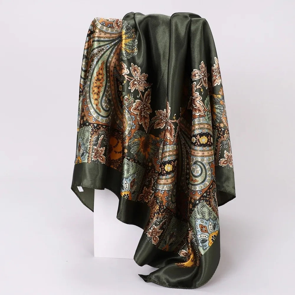 90x90cm Satin Square Scarf – Bohemian Floral Hair Wrap & Shawl