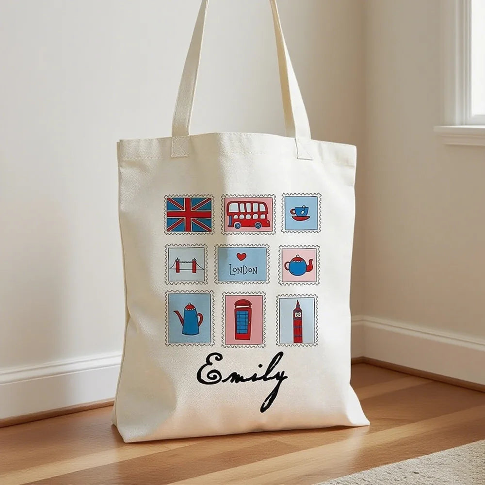 Custom Name London Canvas Tote Bag | Iconic British Design