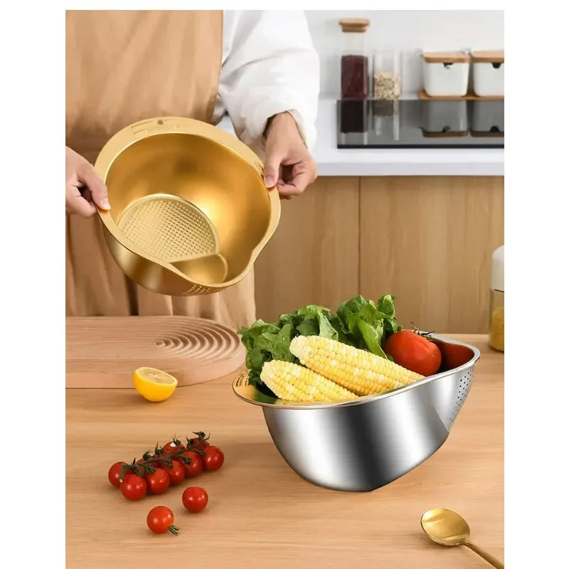Stainless Steel 304 Rice Washer Strainer Bowl Rice Washing Bowl Rice Sieve Colander Fruit And Vegetable Strainer Kitchen Tools Peaceful Pleasures Health and Wellness