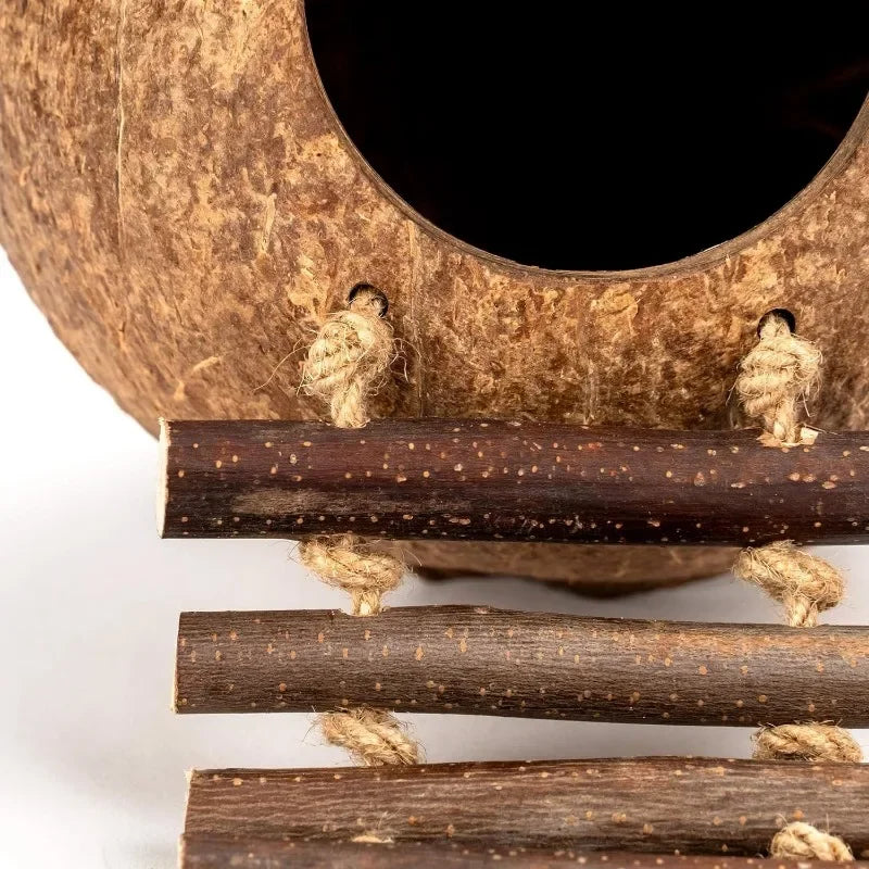 Coconut Shell Birdhouse Hut with Ladder | Natural Bird & Pet Habitat Bird Cage Habitat Peaceful Pleasures Health and Wellness