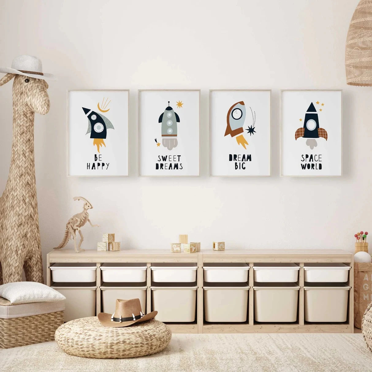 4-Piece Cartoon Space Rockets Canvas Wall Art | Kids Room