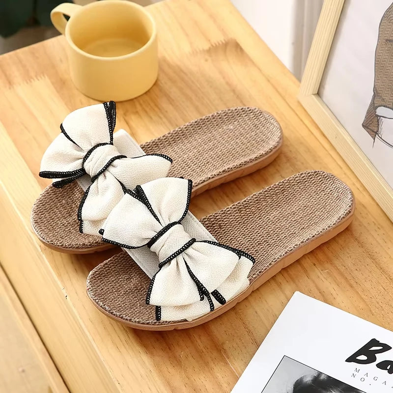 Women's Linen Bow Slides – Summer Indoor Slippers & Sandals
