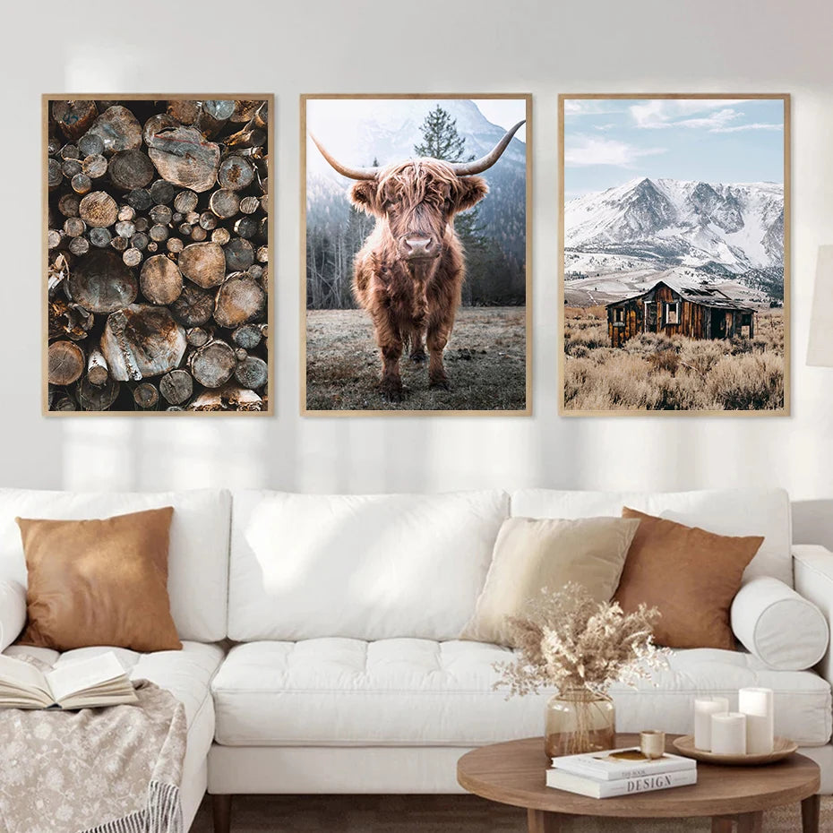 Nature Landscape Canvas Wall Art | Deer, Cow, Horse, Lake Print