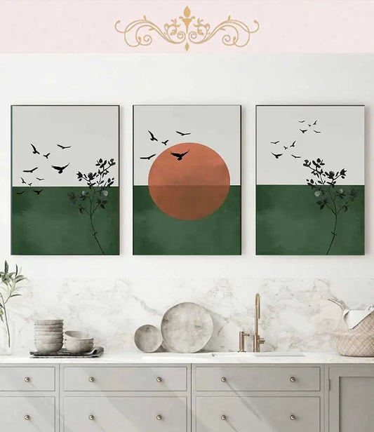 3-Piece Boho Sun & Mountain Canvas Wall Art | Geometric Poster Set Canvas Wall Art Set Peaceful Pleasures Health and Wellness