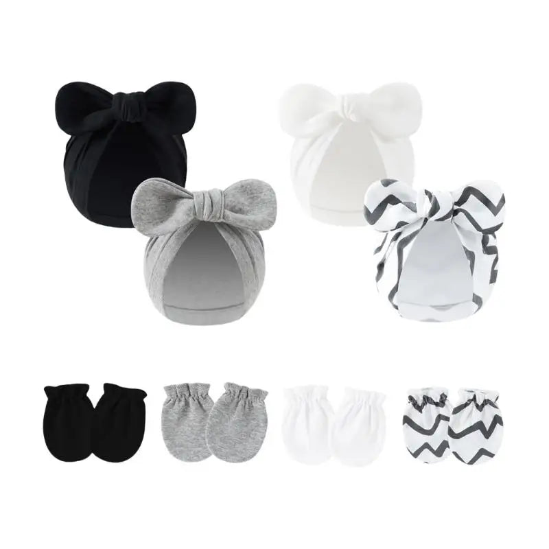 Baby Cotton Bonnet Hat & Scratch Mittens 4-Set | 0–6 Months Baby Hat & Mittens Set Peaceful Pleasures Health and Wellness SETH China Mainland