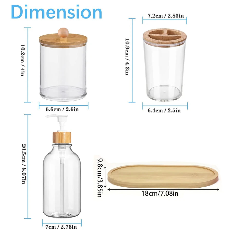 5-Piece Bamboo Bathroom Accessories Set with Tray – Soap Dispenser, Toothbrush Holder & Q-tip Jars