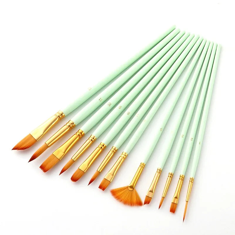 Portable 12 Pcs Painting Brush Set Multipurpose for Canvas Glass Ceramic Durable Bamboo Handle with Pouch Travel Art Supplies Peaceful Pleasures Health and Wellness green 12pcs