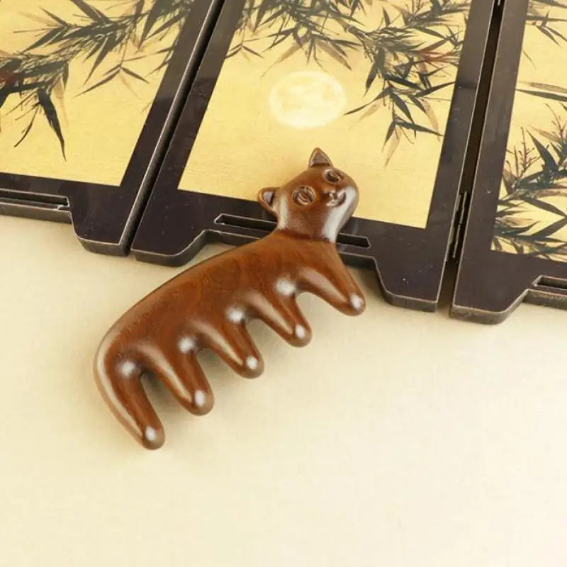 Cat Shaped Sandalwood Comb Scalp Relaxation Acupoint Massager Portable Wooden Handle Five Tooth Comb Anti-static Styling Tools Peaceful Pleasures Health and Wellness
