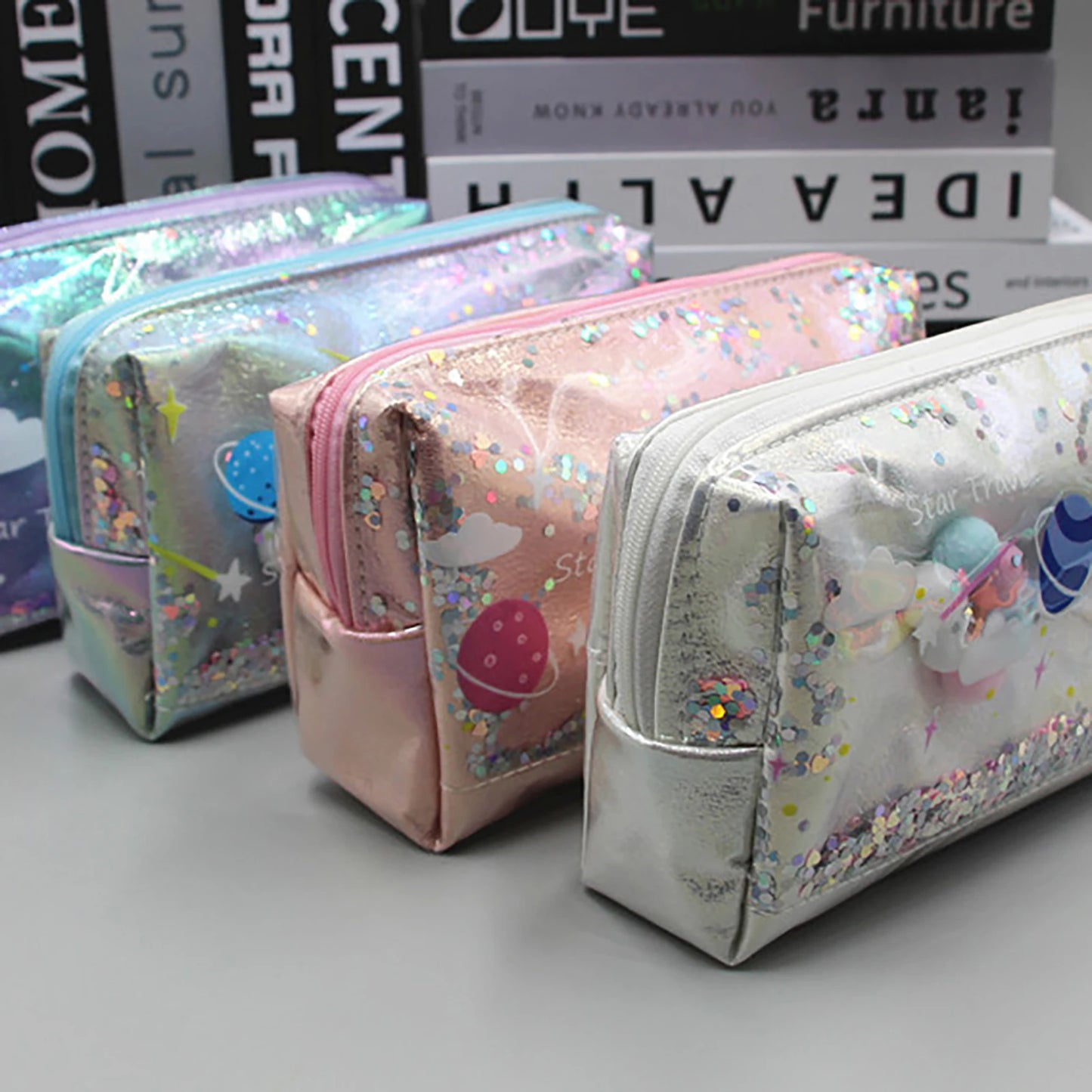 Large Capacity Planet Glitter Cosmetic Bag Cute Starry Makeup Pouch For Girls Student Pencil Case Travel Toiletry Bag Peaceful Pleasures Health and Wellness