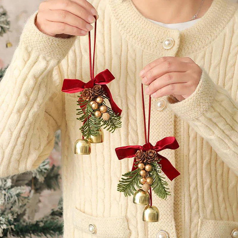 Christmas Jingle Bell Door Hanger – Velvet Bow & Pine Cone Ornament
