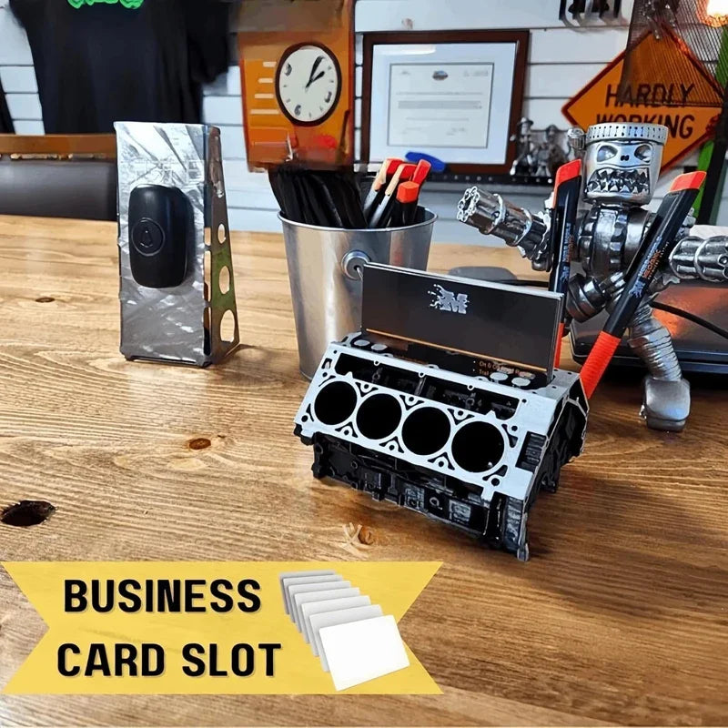 Creative Engine Block Desk Organizer Business Card Pen Holder Perfect Gift for Car Enthusiasts Resin Construction Peaceful Pleasures Health and Wellness