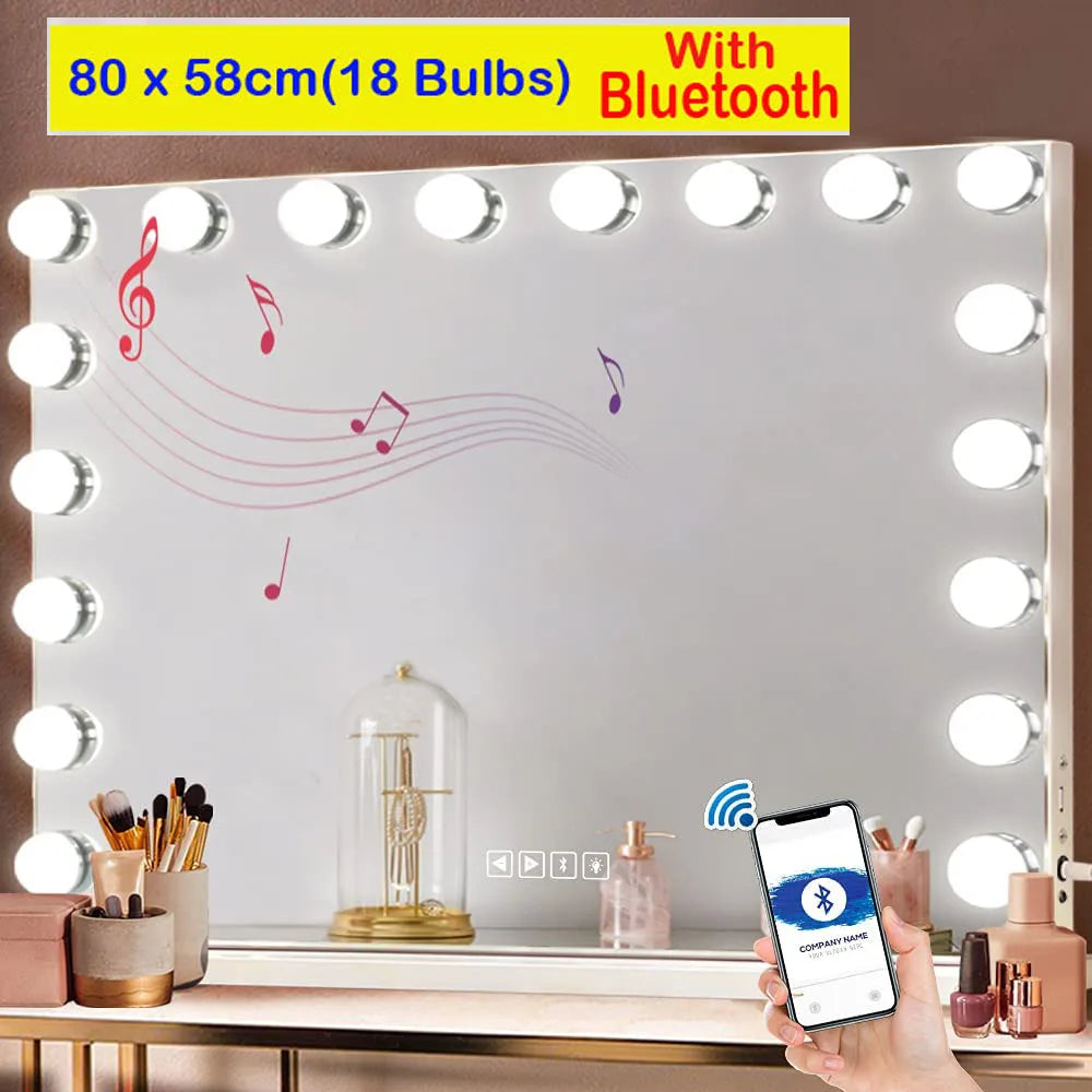 Large LED Vanity Mirror with Bluetooth Speaker & Dimmable Lights