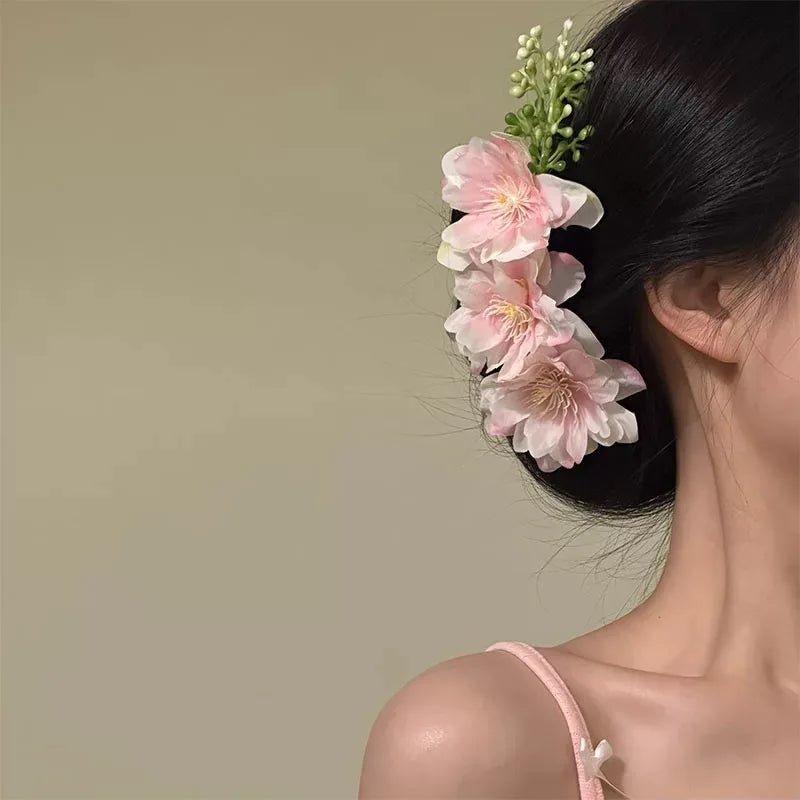 Pink Flower Hair Comb Spring and Summer Atmosphere Travel Hair Accessory Creative New Chinese-style Side-tied Hairpin Headwear Peaceful Pleasures Health and Wellness