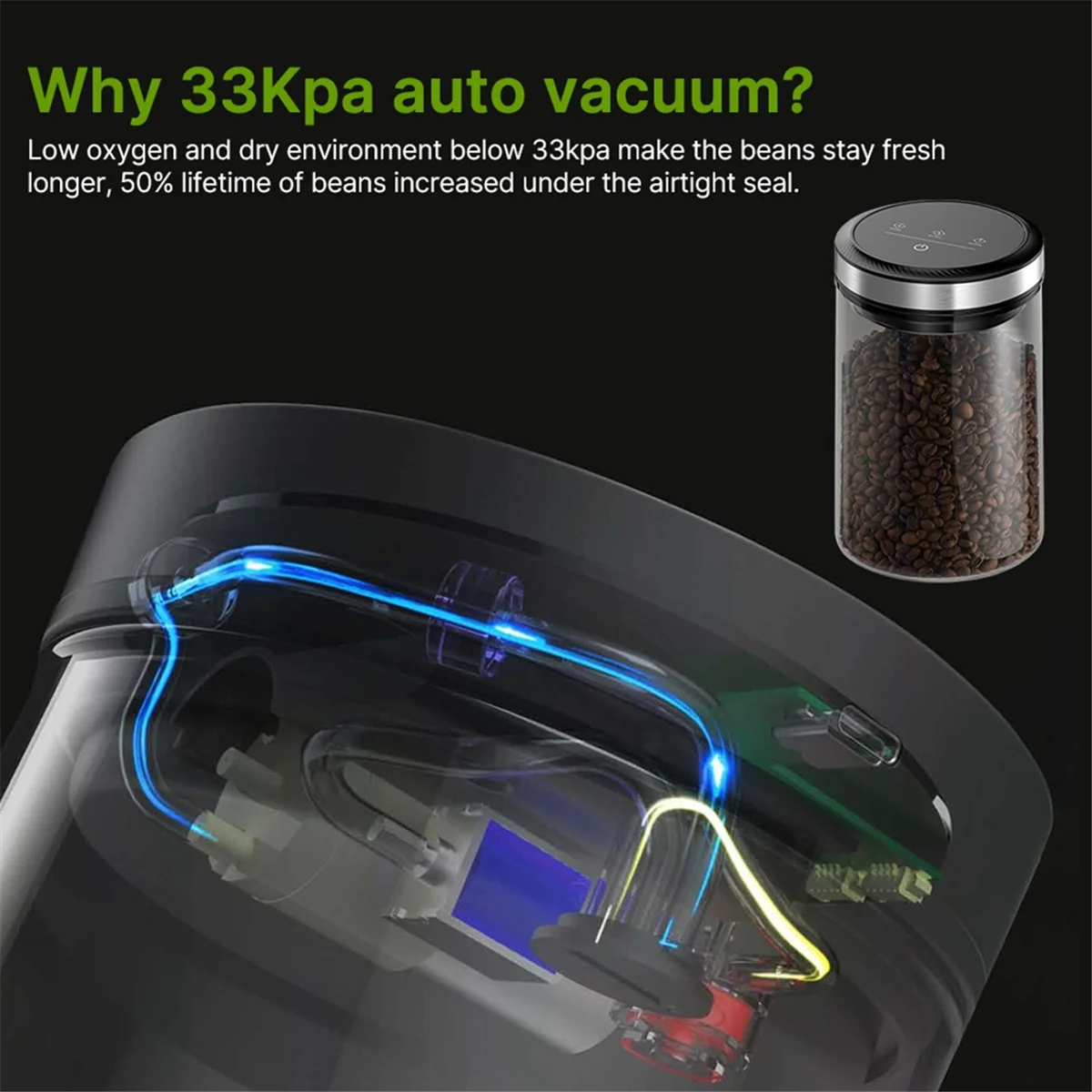 Vacuum Coffee Canister 1.6L Airtight | Auto 33kPa Seal & Touch Screen Peaceful Pleasures Health and Wellness
