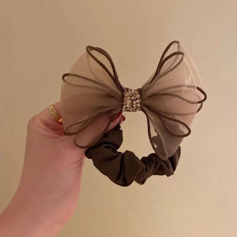 New Mesh Rhinestone Bow Hair Ties Scrunchies Women Girls Elastic Hair Bands Headwear Ribbon Bowknot Ponytail Hair Accessories Peaceful Pleasures Health and Wellness C