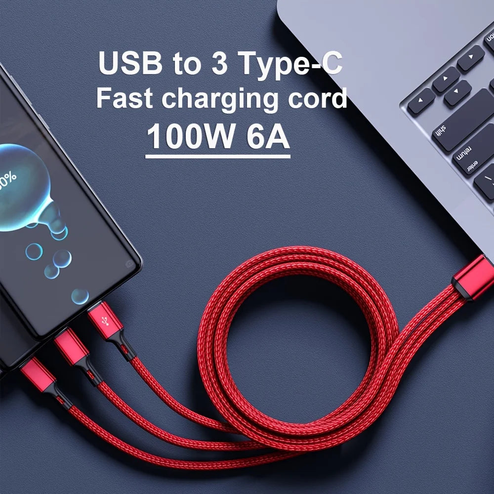 100W 3-in-1 USB-A to Triple USB-C Fast Charging Cable