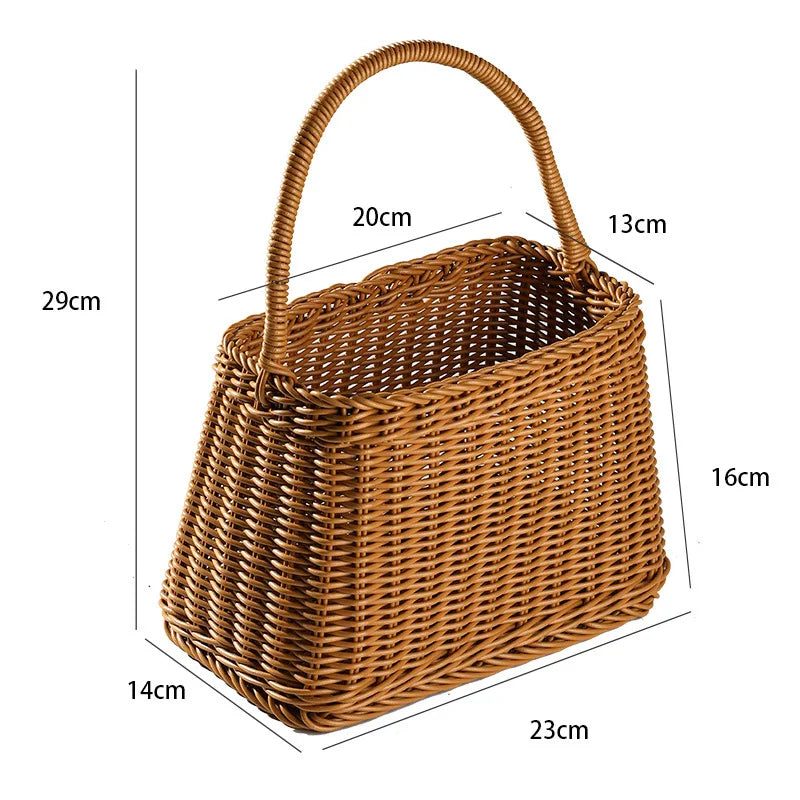 Plastic woven basket Vine flower basket hand-woven portable Bread storage Handles basket Gift For picnic outdoor shopping props Peaceful Pleasures Health and Wellness brown
