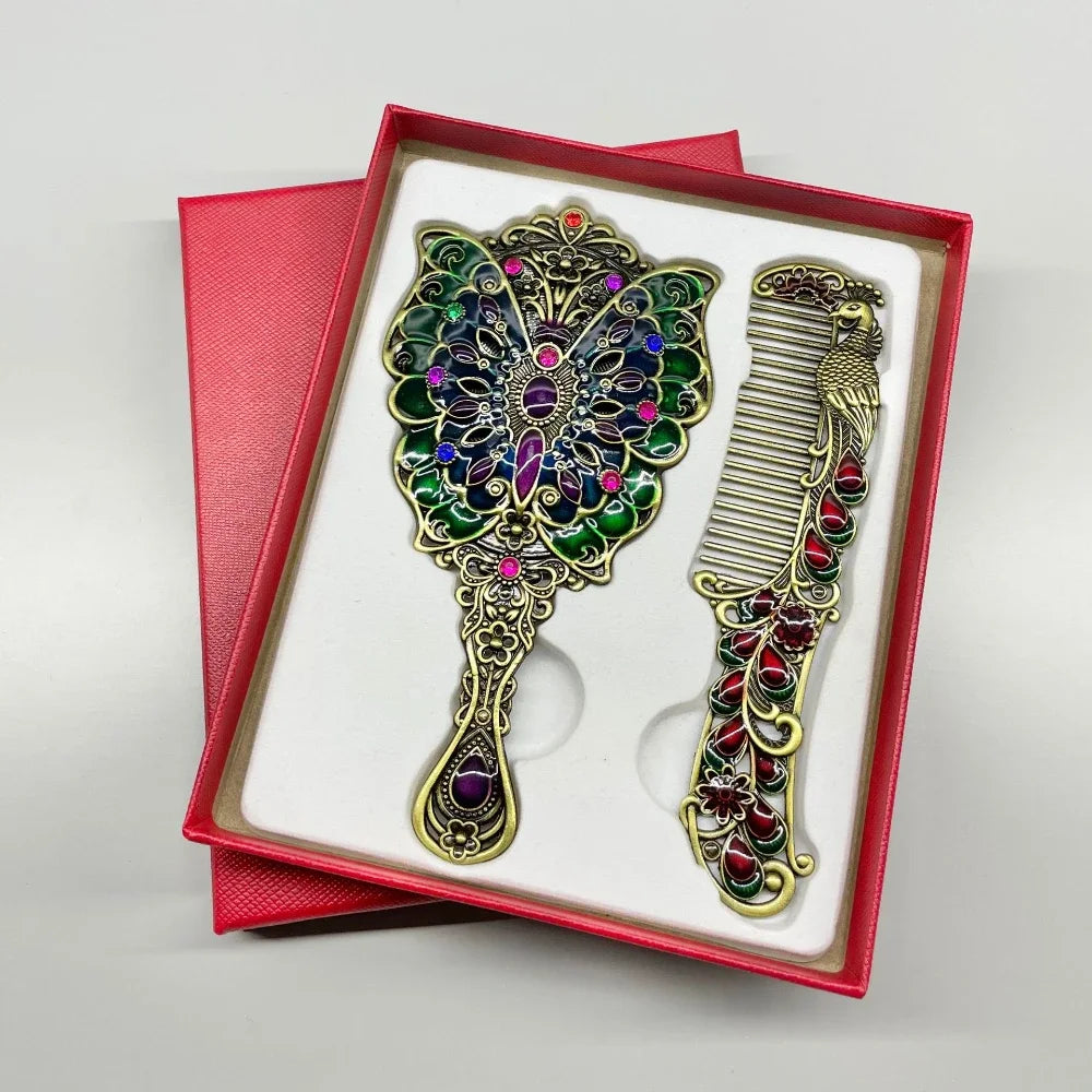 Creative Retro Peacock Open Screen Small Mirror Handle Metal Makeup Mirror Portable Mirror Comb Set Holiday Gift Makeup Mirror Peaceful Pleasures Health and Wellness