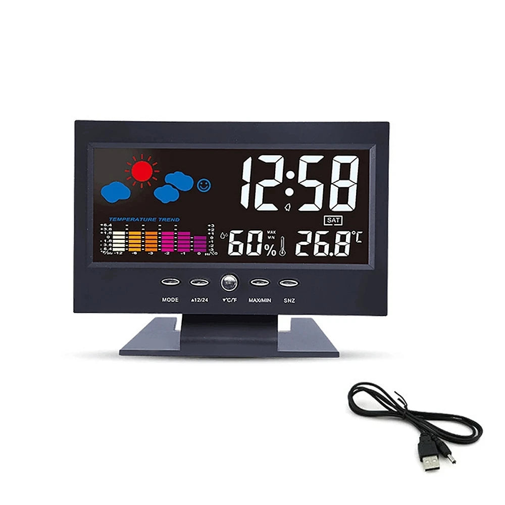 Multi-functional Weather Station Clock with Digital LCD Display Thermometer Hygrometer Calendar Temperature and Humidity Meter Peaceful Pleasures Health and Wellness black