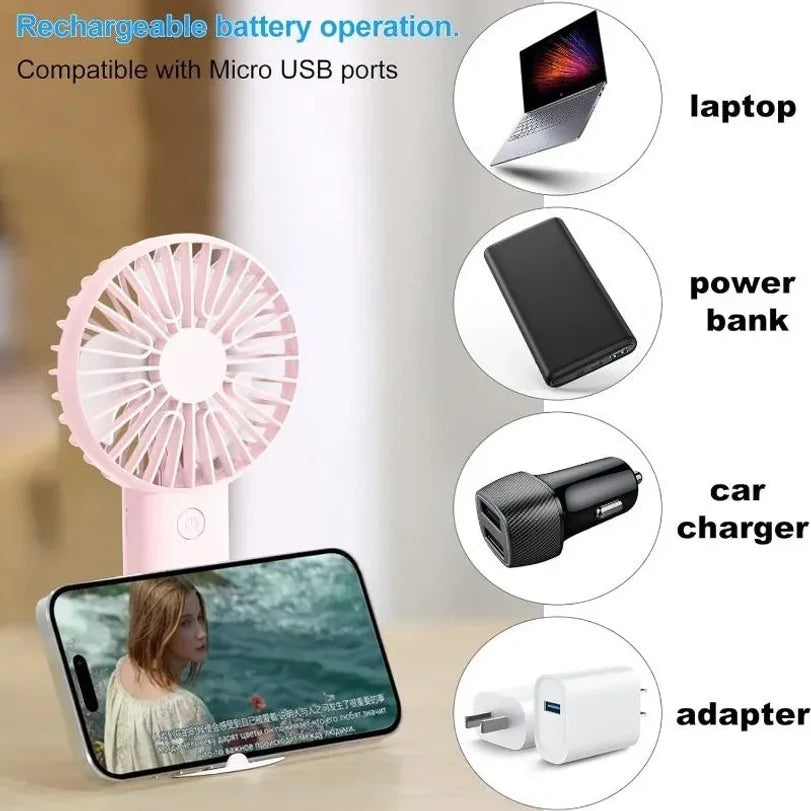 Rechargeable Handheld Mini Fan 3-Speed USB Fan + Phone Holder