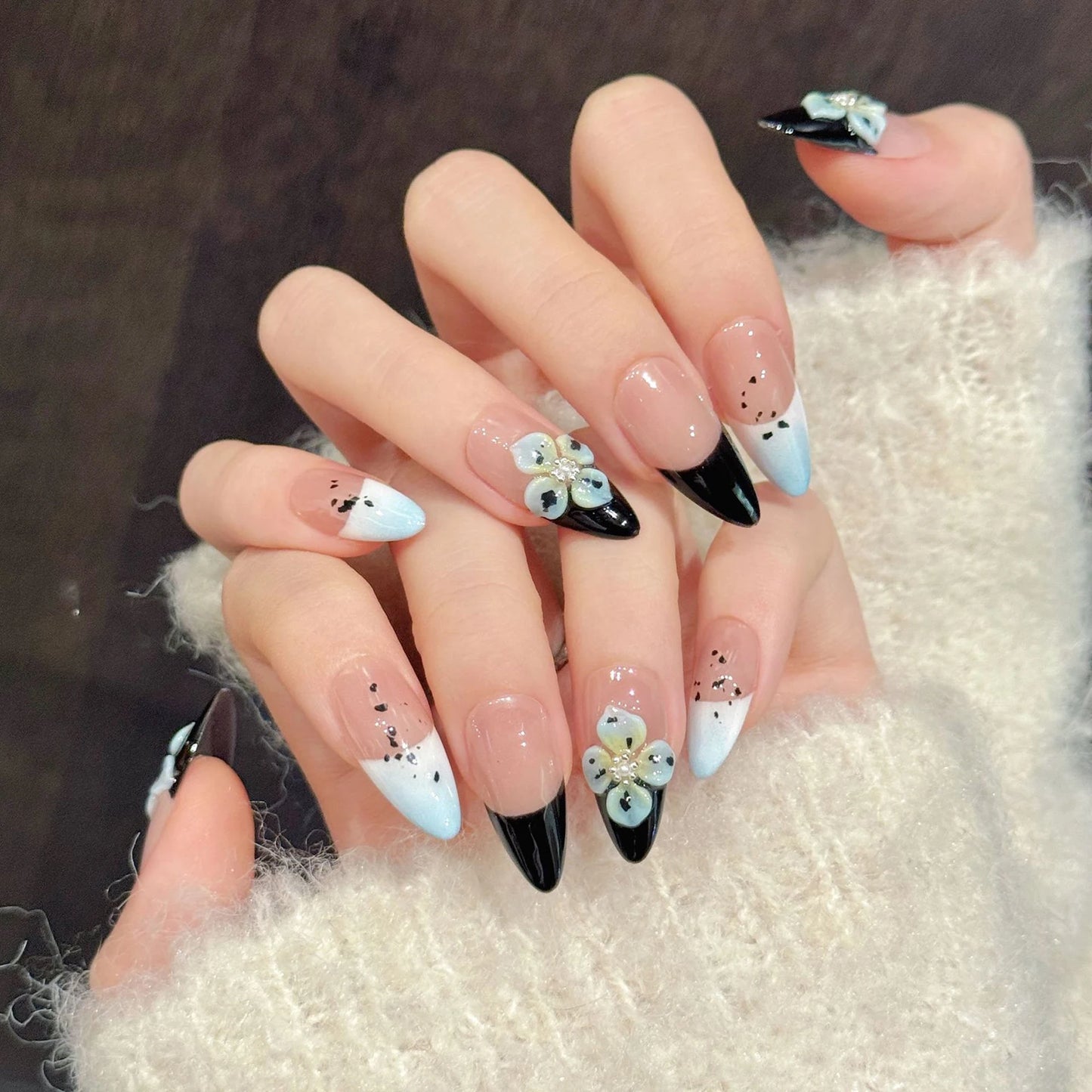 Handmade Press on Nails 3D Hand-carved Petals Decor False Nail Tips Reusable Wearable Retro European French Almond Fake Nails Peaceful Pleasures Health and Wellness S 2