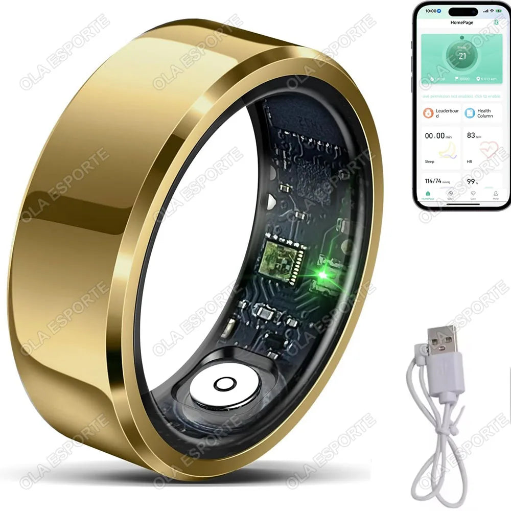 2026 New Smart Ring Heart Rate Blood Pressure Sleep Monitoring Motion Tracking IP68 Waterproof Men Women Smart Ring Holiday Gift Peaceful Pleasures Health and Wellness Gold Cable 11