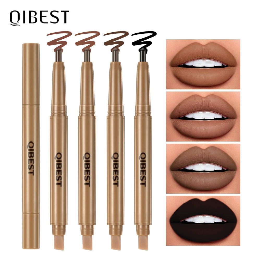 QIBEST Double Head Lip Liner&Brush Pen Mist Matte Velvet Contour Tint Lipstick Pencil Long Lasting Nude Brown Natural Lip Makeup Peaceful Pleasures Health and Wellness
