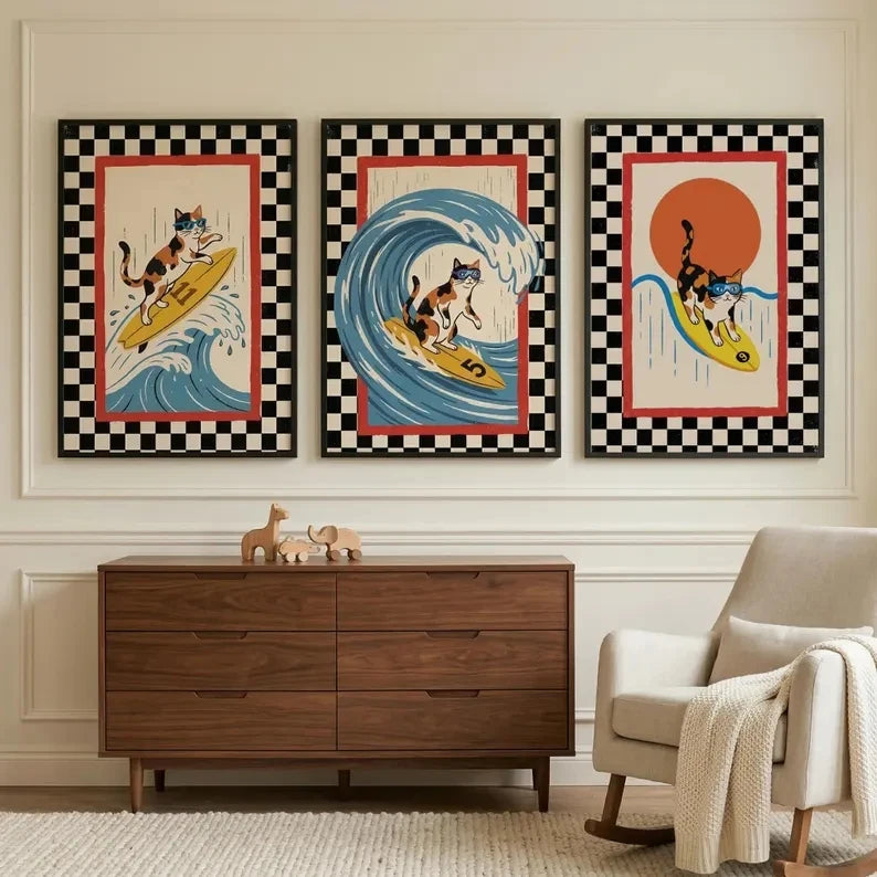 3-Piece Retro Japanese Wave Cat Surfing Canvas Wall Art
