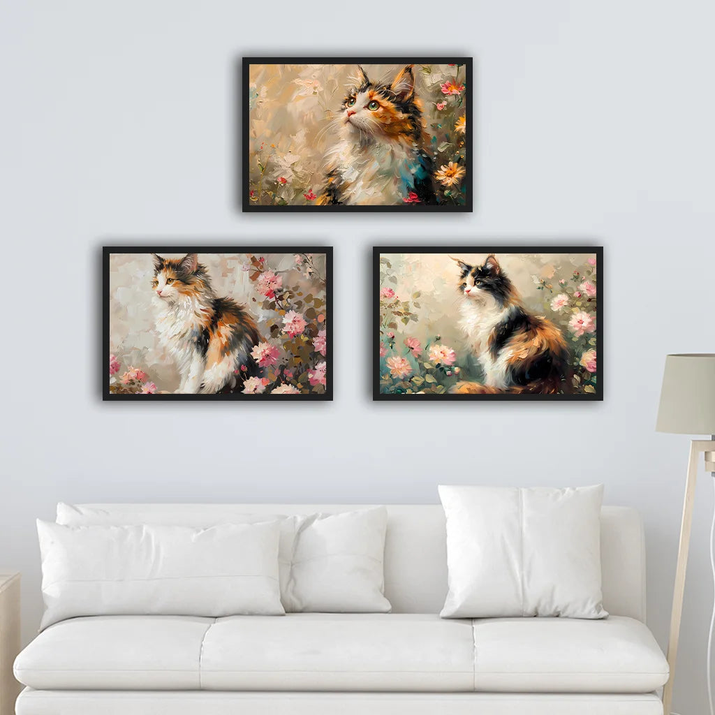 Vintage Animal Wall Art, Flower Cat Oil Canvas Painting, Nordic Poster Print for Bedroom Living Room Wall Decor Peaceful Pleasures Health and Wellness